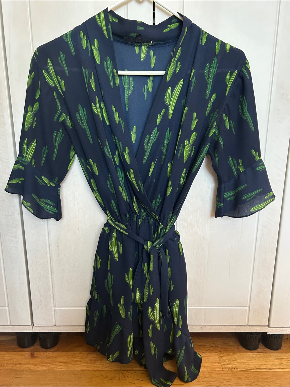 Navy Cactus Print Wrap Romper with Green Accents